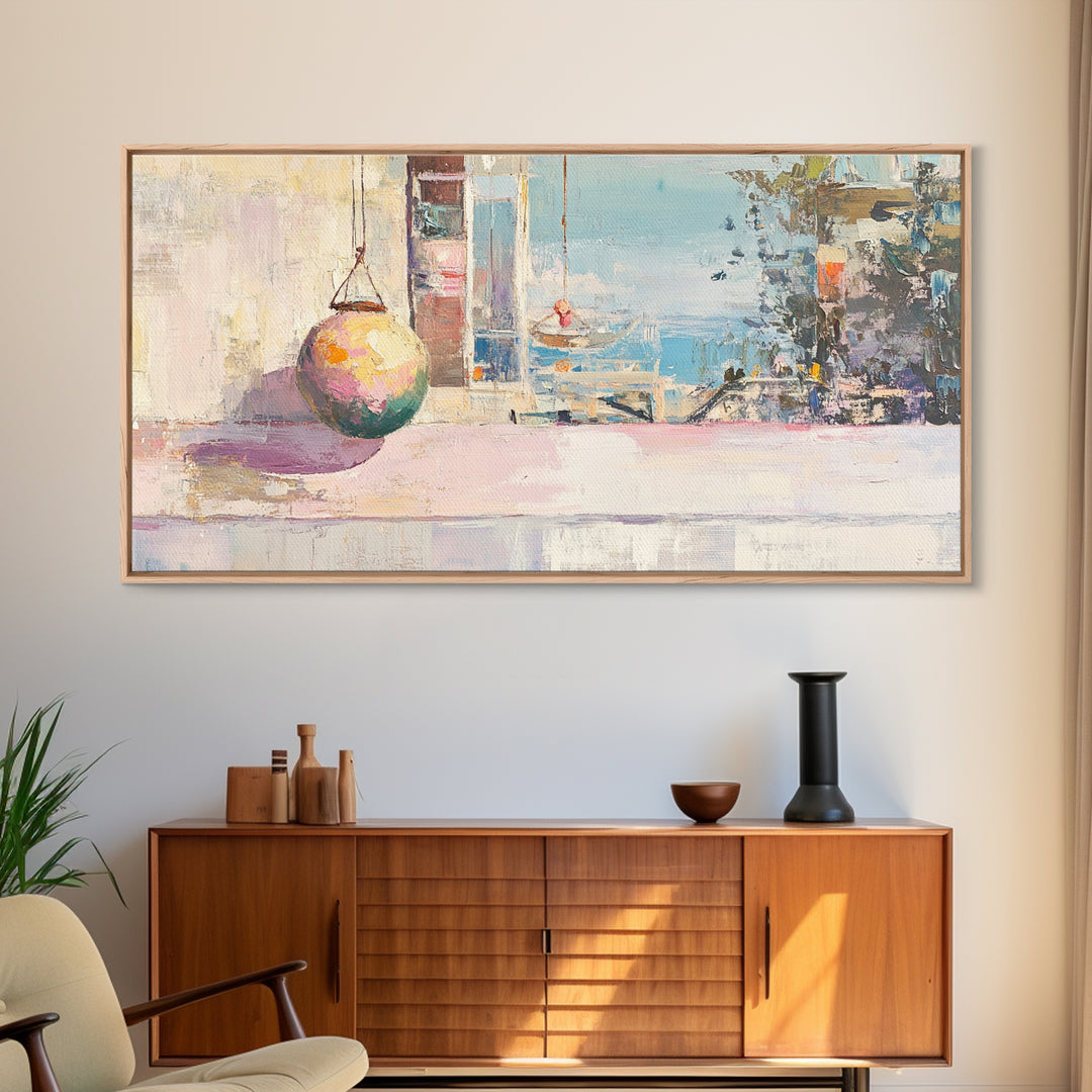 Pastel Seaside Window Canvas Print, Coastal Wall Art, Mediterranean Beach House Decor, Soft Ocean View Living Room Print