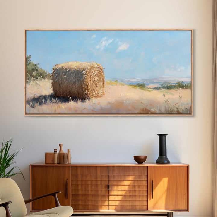 Golden Hay Bale Landscape Wall Art, Rustic Farmhouse Decor, Country Field Painting, Nature Print For Living Room Wall Decor