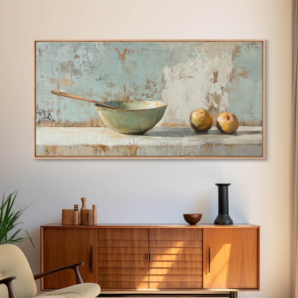 Rustic Bowl And Pears Canvas Print, Kitchen Wall Art, Farmhouse Still Life Painting, Country Dining Room Wall Decor Print
