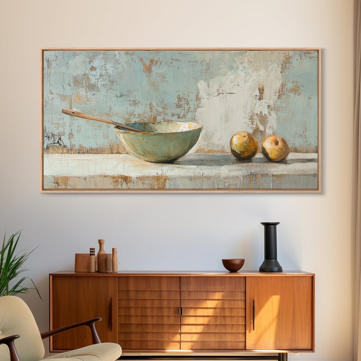 Rustic Bowl And Pears Canvas Print, Kitchen Wall Art, Farmhouse Still Life Painting, Country Dining Room Wall Decor Print