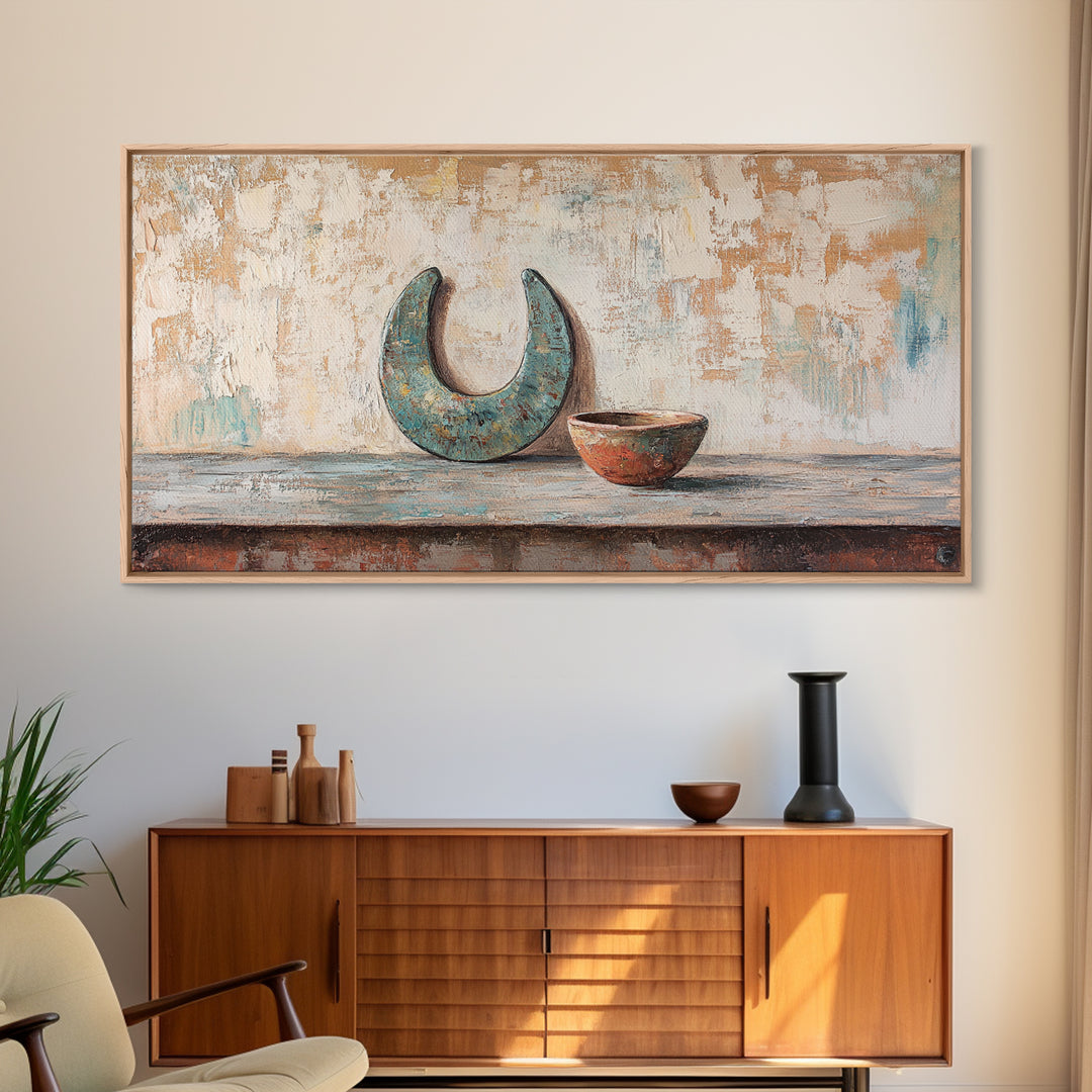 Turquoise Crescent Moon And Rustic Bowl Wall Art, Wabi Sabi Decor, Southwestern Still Life, Neutral Framed Canvas Print, Home Decor