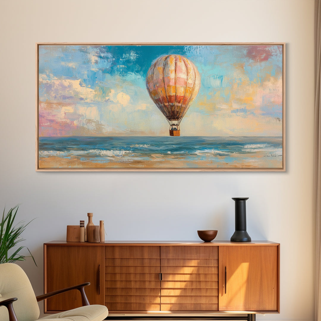 Hot Air Balloon Drifting Over Ocean Canvas Print, Coastal Wall Art, Travel Poster Style, Colorful Beach House Living Room Decor