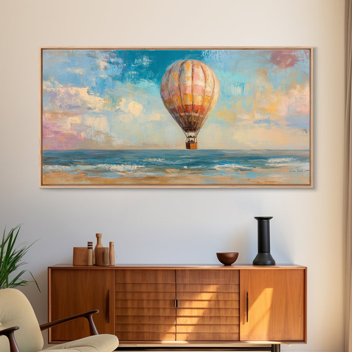 Hot Air Balloon Drifting Over Ocean Canvas Print, Coastal Wall Art, Travel Poster Style, Colorful Beach House Living Room Decor
