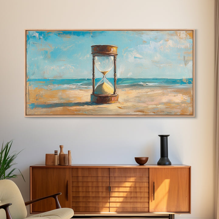 Hourglass In Sand By Turquoise Sea Canvas Print, Coastal Wall Art, Beach House Decor, Ocean Landscape, Summer Home Decor