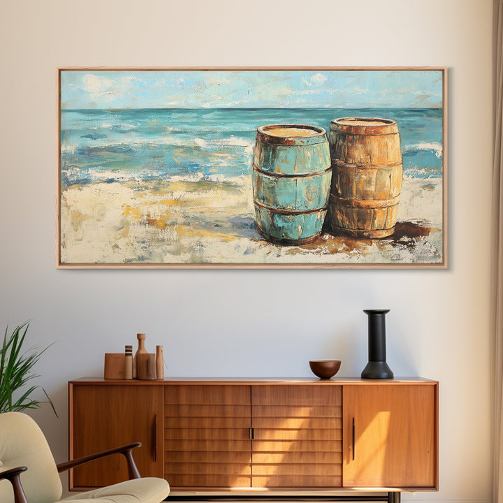 Weathered Barrels On Sandy Beach Wall Art, Coastal Canvas Print, Nautical Beach House Decor, Seascape Ocean Living Room Art