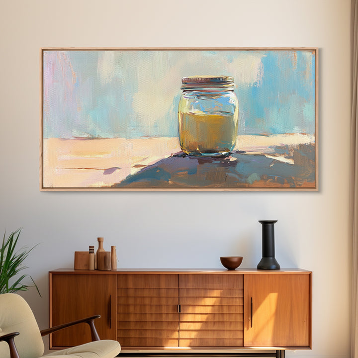 Sunlit Mason Jar Still Life Wall Art, Soft Blue Canvas Print For Kitchen Decor, Rustic Home Decor And Housewarming Gift Idea