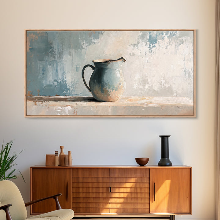 Blue Ceramic Pitcher Minimalist Still Life Wall Art, Neutral Canvas Print For Kitchen Decor, Farmhouse Decor And Office Decor