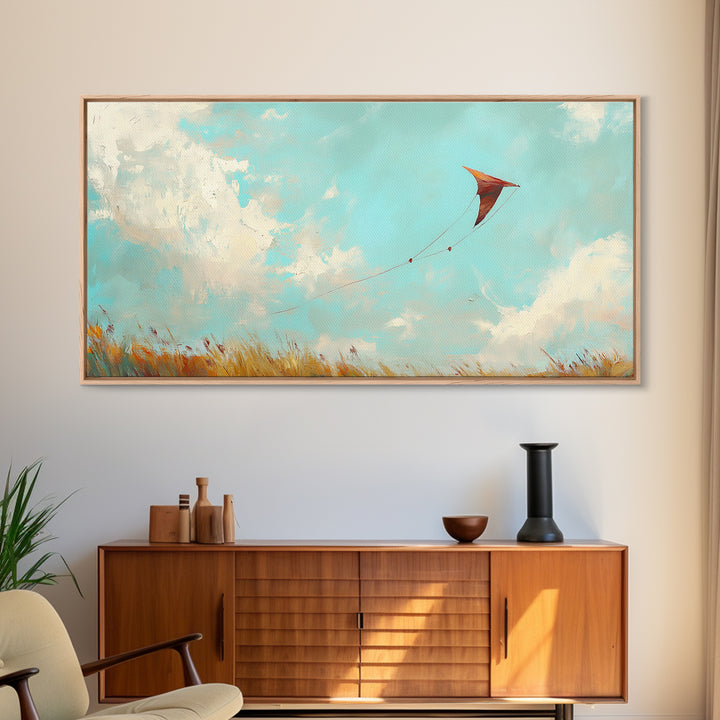 Red Kite In Blue Summer Sky Wall Art, Whimsical Canvas Print For Kids Room Decor, Nursery Decor And Coastal Home Decor Gift