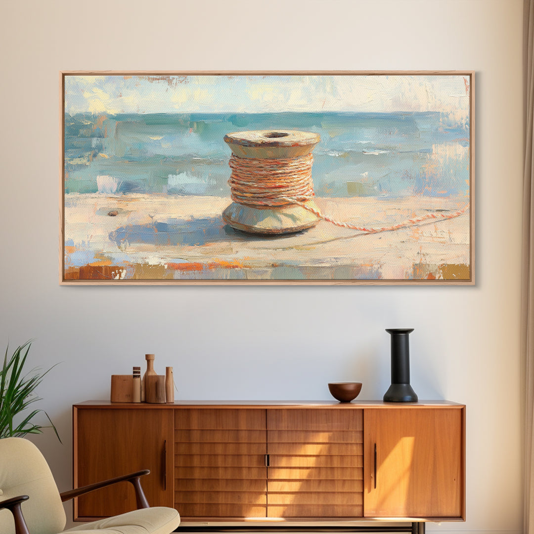 Orange Twine Spool By Blue Window Wall Art, Nautical Canvas Print For Coastal Decor, Rustic Home Decor And Office Decor Gift