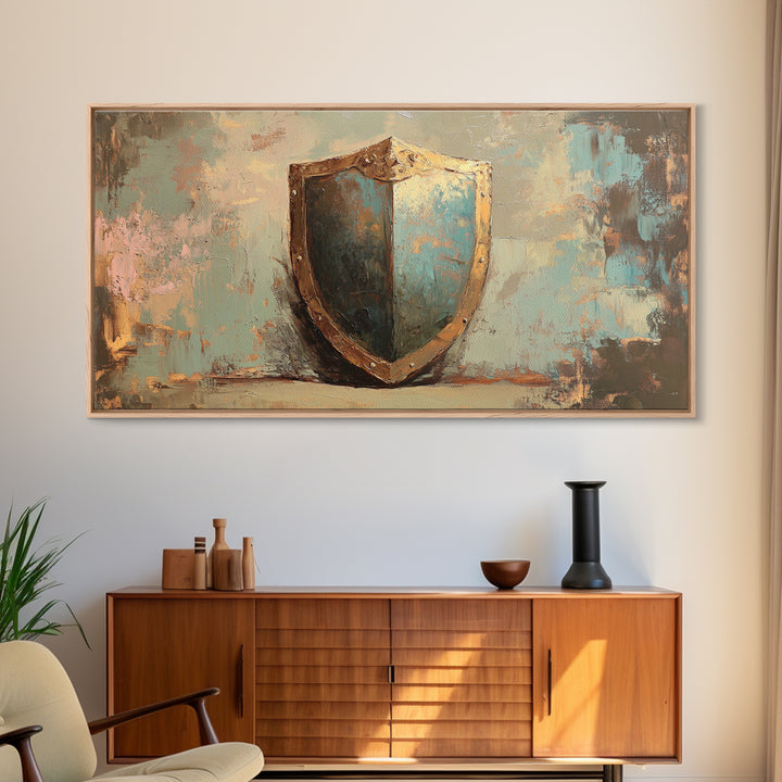 Antique Blue Shield Framed Canvas Print, Medieval Wall Art, Fantasy Decor, Rustic Office Decor, Man Cave Gift For Him, Home Decor
