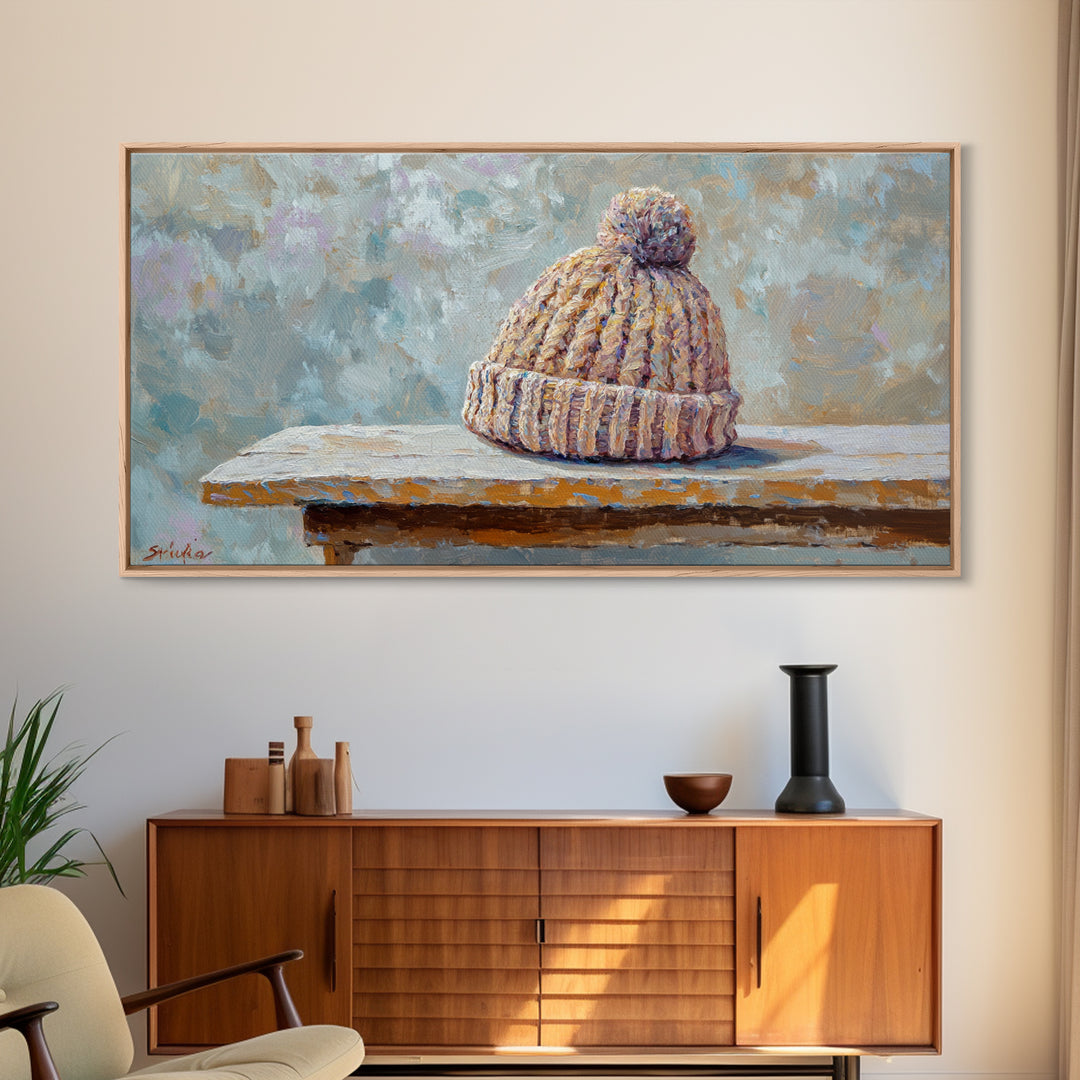 Cozy Knit Beanie Still Life Wall Art, Winter Cabin Decor, Rustic Canvas Print, Neutral Bedroom Art, Gift For Her, Housewarming Gift