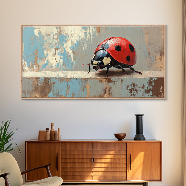 Red Ladybug Macro In Textured Garden Wall Art, Whimsical Animal Canvas Print, Nature Decor, Kids Room Art Gift, Cute Wall Decor