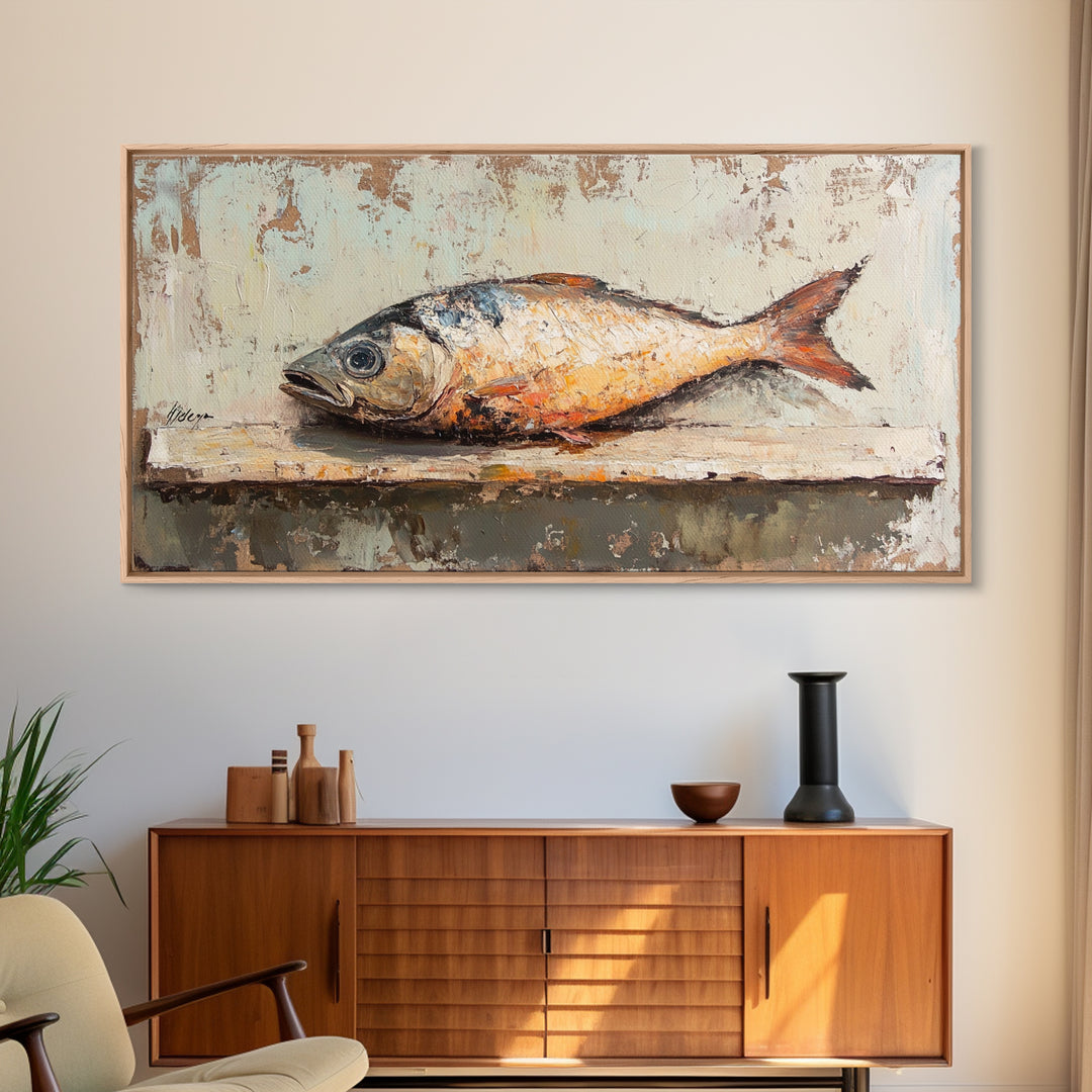 Rustic Whole Fish Still Life Canvas Print, Coastal Kitchen Wall Art, Seafood Decor, Nautical Home Decor, Gift For Him, Wall Decor