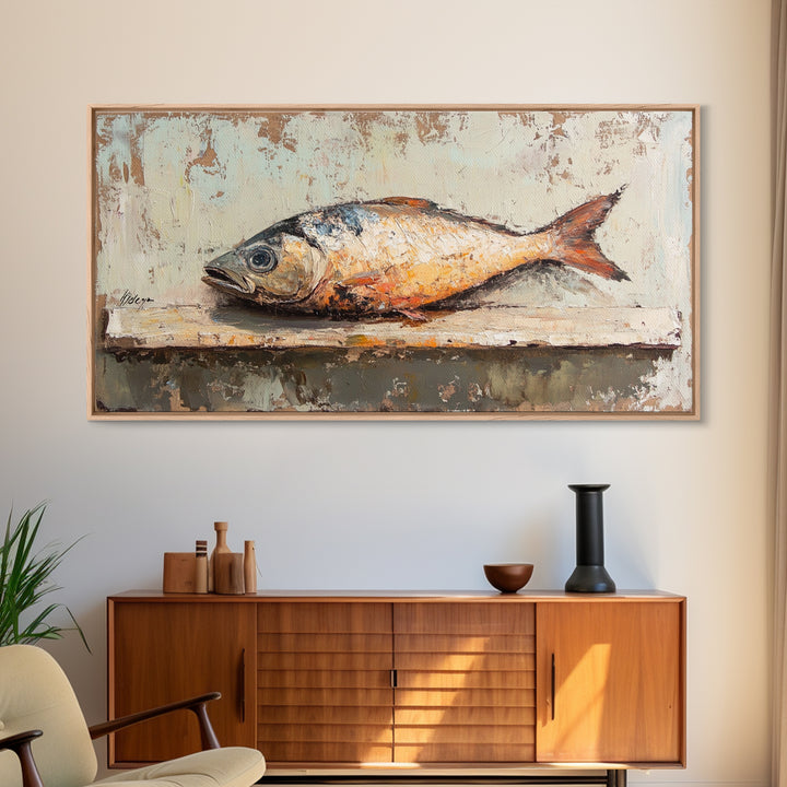 Rustic Whole Fish Still Life Canvas Print, Coastal Kitchen Wall Art, Seafood Decor, Nautical Home Decor, Gift For Him, Wall Decor