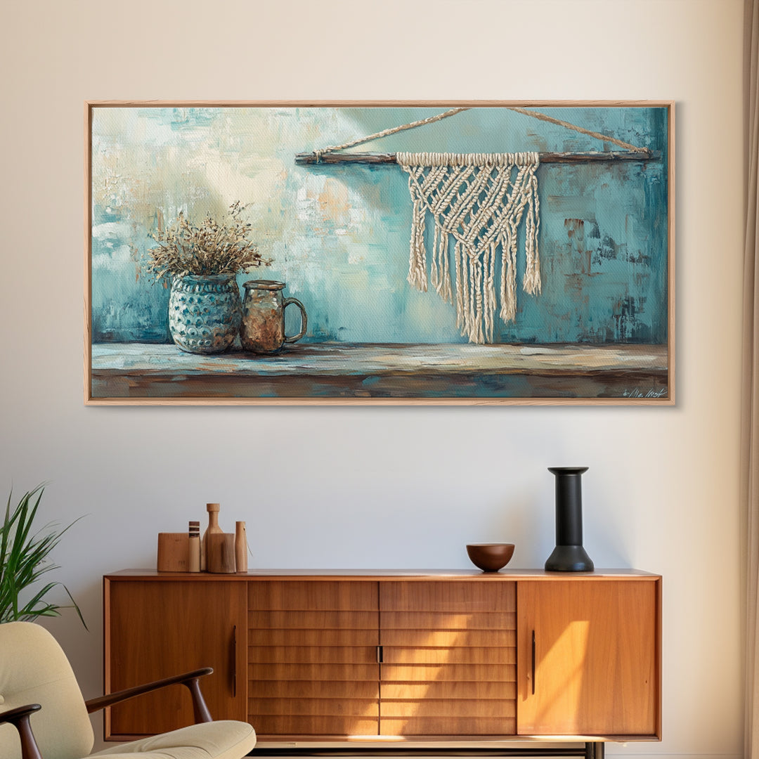 Macrame Hanging And Dried Flowers Framed Canvas Print, Boho Wall Art, Rustic Home Decor, Neutral Living Room Decor, Housewarming Gift