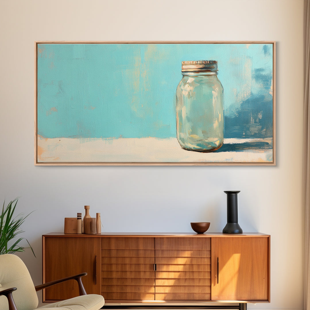 Single Mason Jar On Turquoise Background Wall Art, Minimalist Kitchen Print, Farmhouse Decor, Rustic Home Decor, Gift For Her