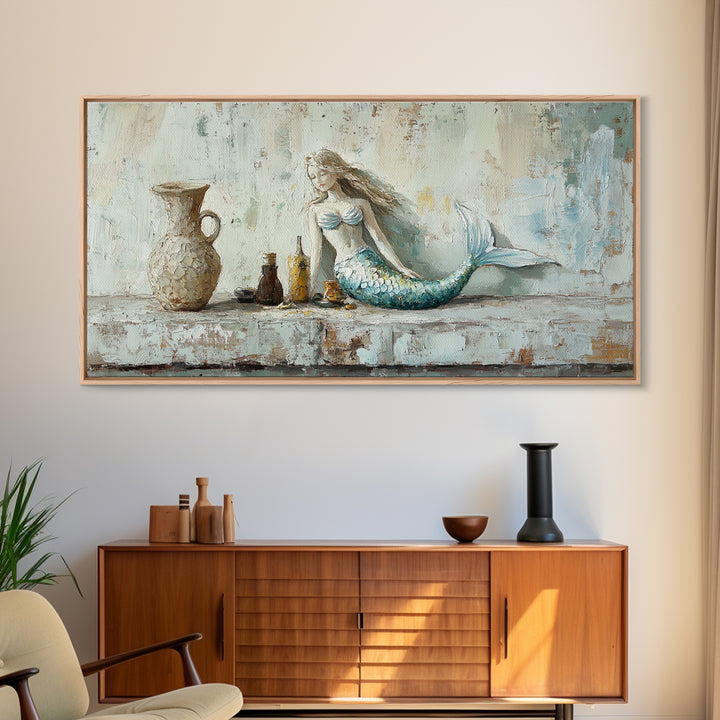 Rustic Mermaid Shelf Still Life Canvas Print, Coastal Wall Art, Beach House Decor, Nautical Bathroom Decor, Gift For Her