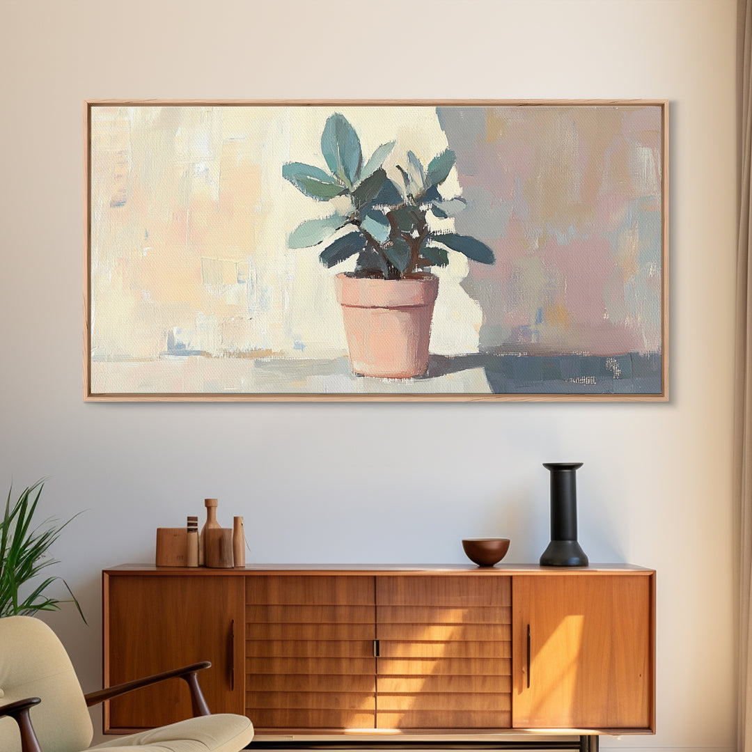 Potted Plant In Pink Pot Framed Canvas Print, Botanical Wall Art, Sage Green Decor, Modern Farmhouse Home Decor Gift Idea