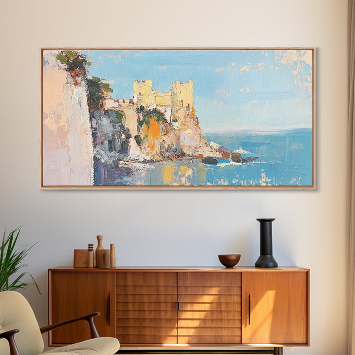 Sunlit Coastal Castle By Blue Sea Canvas Print, Mediterranean Wall Art, Italy Coast Decor, Seascape Painting, Travel Gift