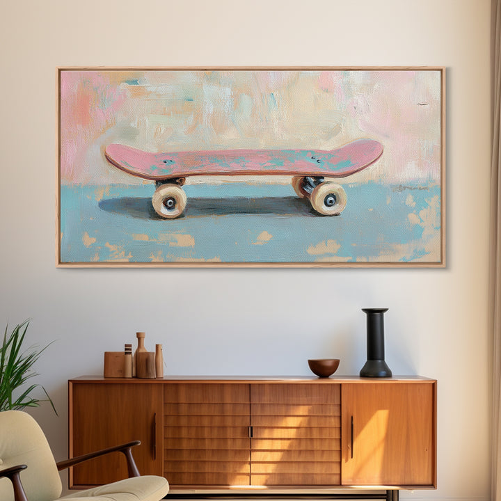 Pink Skateboard On Blue Wall Framed Canvas Print, Retro Wall Art, Teen Room Decor, Preppy Wall Art, Dopamine Decor Gift Idea