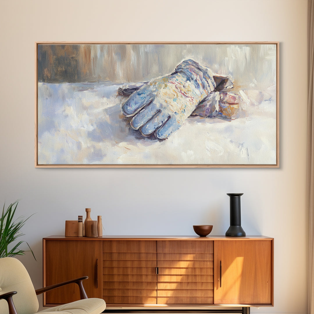 Snowy Blue Winter Glove Oil Painting Wall Art, Rustic Cabin Decor, Neutral Home Decor, Cozy Bedroom Art, Housewarming Gift