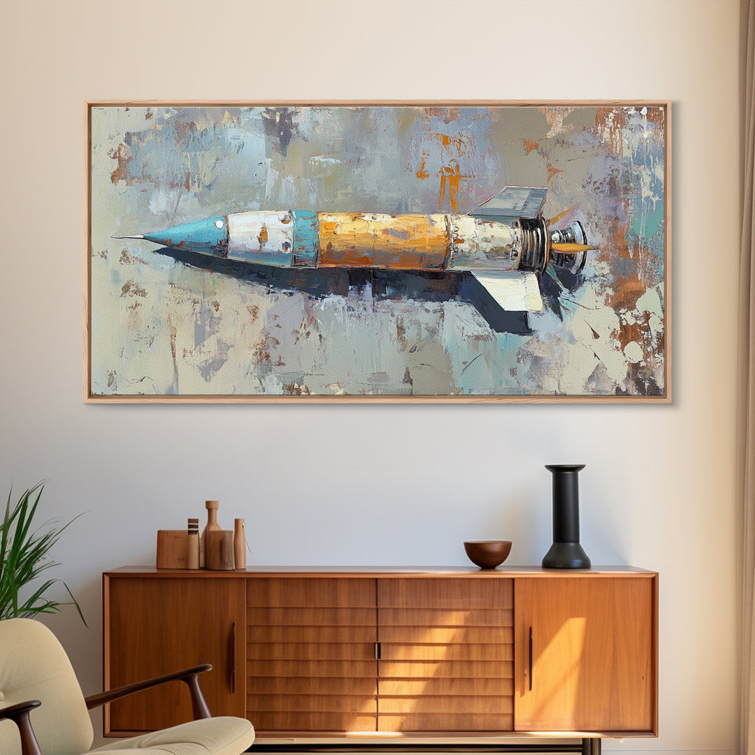 Retro Rocket Ship Oil Painting Wall Art, Space Lover Gift, Sci Fi Wall Decor, Industrial Art Print, Futuristic Home Decor