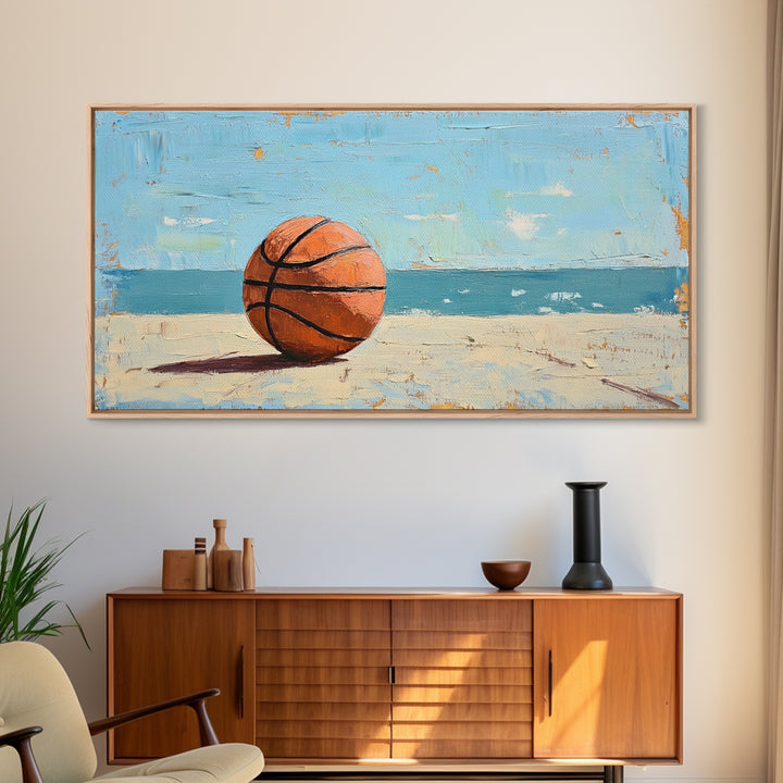 Basketball On Sandy Beach Canvas Print, Coastal Wall Art, Boys Room Decor, Sports Poster, Ocean Wall Decor, Gift For Him