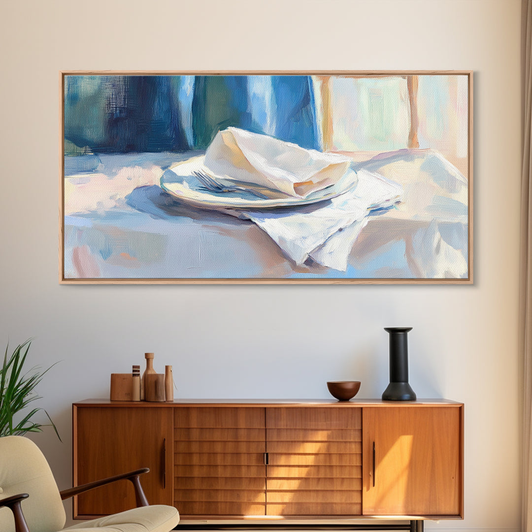 Blue Linen Plate Still Life Wall Art, Dining Room Print, Kitchen Decor, Modern Farmhouse Canvas, Neutral Home Decor, Housewarming Gift