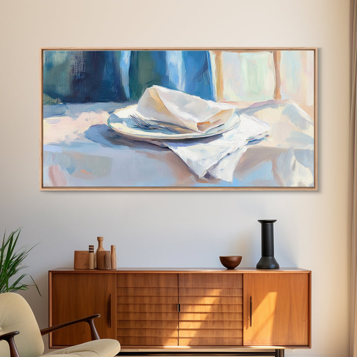 Blue Linen Plate Still Life Wall Art, Dining Room Print, Kitchen Decor, Modern Farmhouse Canvas, Neutral Home Decor, Housewarming Gift