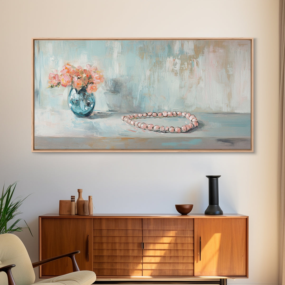 Pink Flowers And Pearl Necklace Framed Canvas Print, Feminine Wall Art, Romantic Bedroom Decor, Gift For Her, Soft Pastel Art