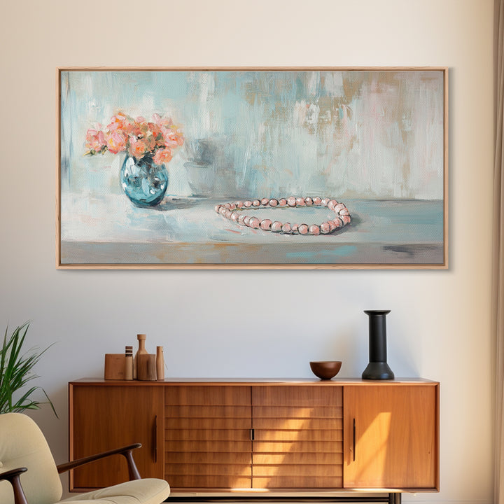 Pink Flowers And Pearl Necklace Framed Canvas Print, Feminine Wall Art, Romantic Bedroom Decor, Gift For Her, Soft Pastel Art