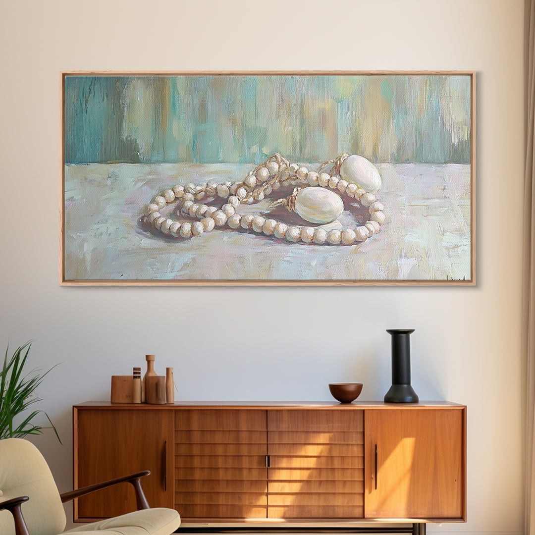 White Pearl Necklace Still Life Wall Art, Feminine Coastal Decor, Elegant Bathroom Art, Romantic Bedroom Canvas Print, Gift For Her
