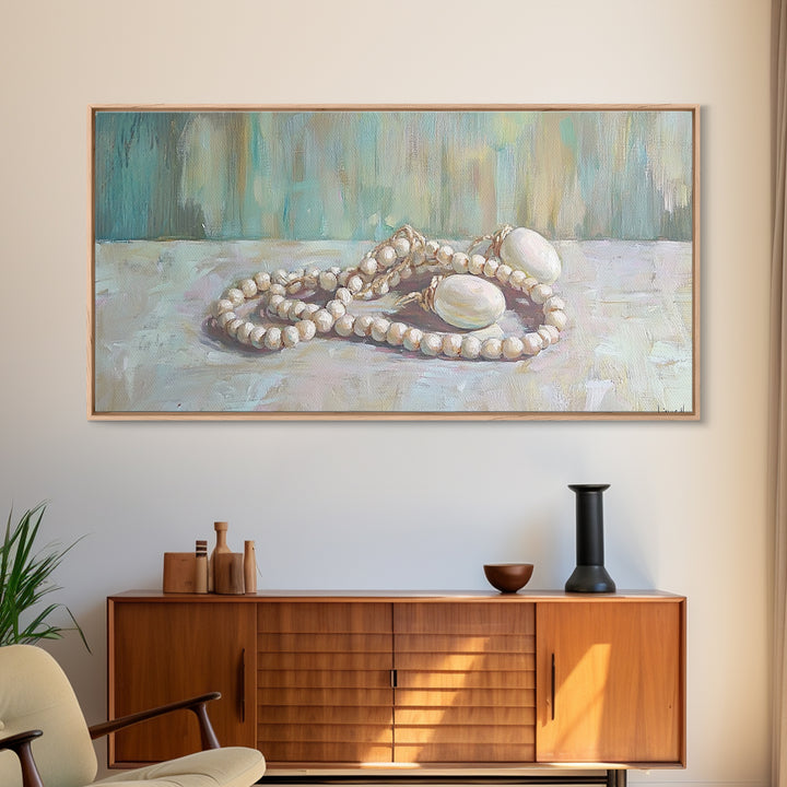 White Pearl Necklace Still Life Wall Art, Feminine Coastal Decor, Elegant Bathroom Art, Romantic Bedroom Canvas Print, Gift For Her