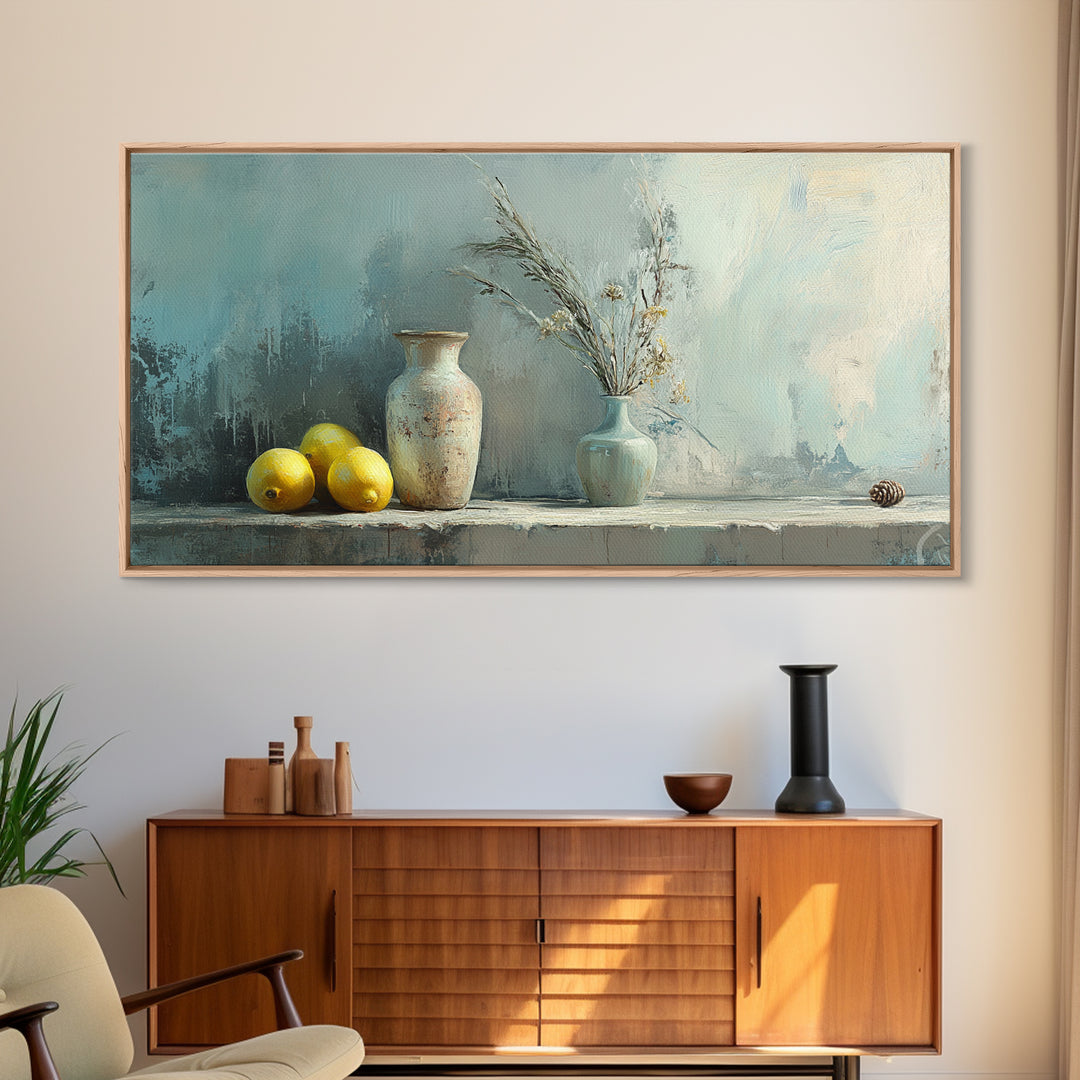 Lemons And Ceramic Vases Canvas Print, Rustic Kitchen Wall Art, French Country Decor, Neutral Still Life, Farmhouse Home Decor