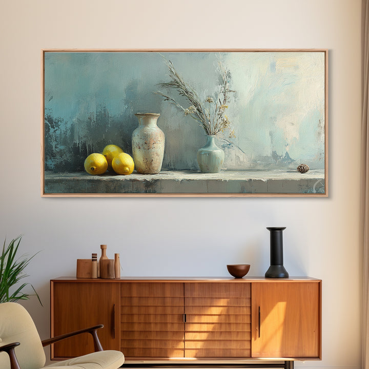 Lemons And Ceramic Vases Canvas Print, Rustic Kitchen Wall Art, French Country Decor, Neutral Still Life, Farmhouse Home Decor
