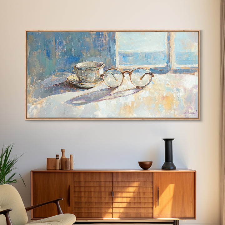 Eyeglasses And Teacup By Window Wall Art, Reading Nook Decor, Book Lover Gift, Cozy Office Canvas Print, Light Academia Decor