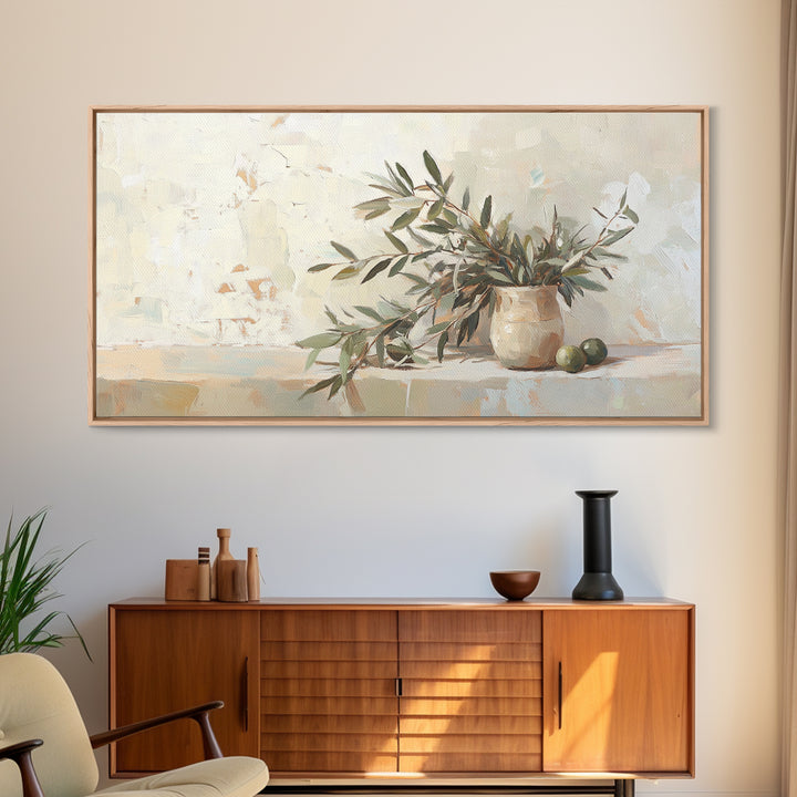 Olive Branches In Ceramic Vase Framed Canvas Print, Neutral Kitchen Decor, Botanical Wall Art, Mediterranean Home Decor Gift