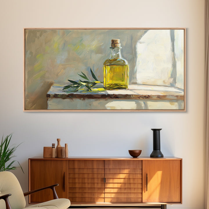 Sunlit Olive Oil Bottle On Rustic Shelf Canvas Print, Mediterranean Kitchen Wall Art, Still Life Painting, Fine Art Print
