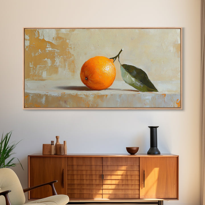 Single Orange With Glossy Green Leaf Canvas Print, Minimalist Kitchen Wall Art, Fruit Still Life, Modern Home Decor Gift