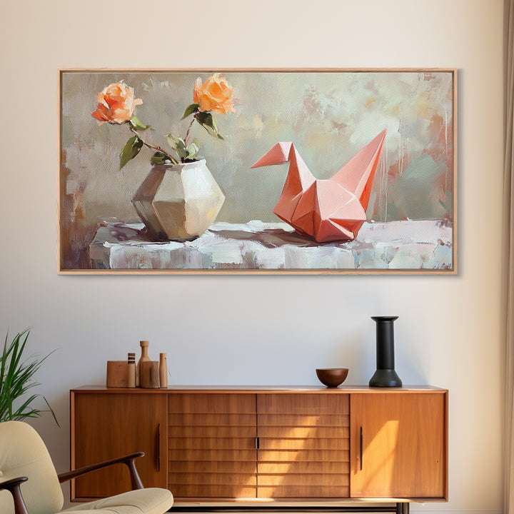 Pink Origami Fox With Peach Roses Wall Art, Whimsical Still Life Canvas Print, Girly Room Decor, Unique Gift For Her, Cute Prints