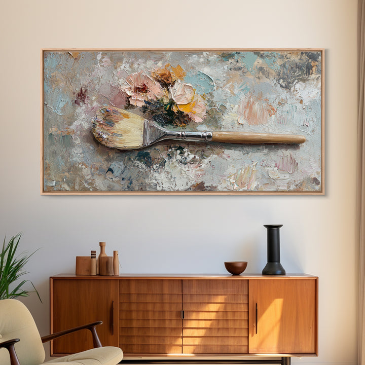 Palette Knife Paintbrush With Soft Roses Wall Art, Artist Studio Decor, Floral Still Life Canvas Print, Gift For Art Lover