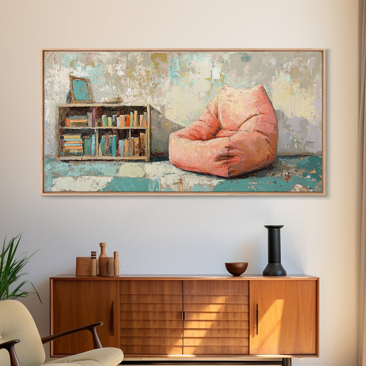 Cozy Pink Bean Bag Chair And Bookshelf Wall Art, Reading Nook Decor, Book Lover Art, Kids Room Canvas Print, Playroom Decor
