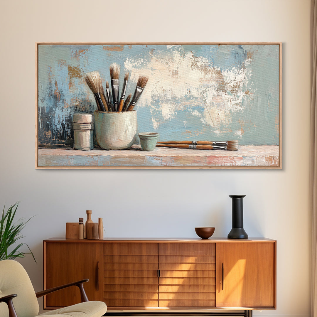 Artist Brushes In Ceramic Cup Canvas Print, Art Studio Wall Art, Creative Office Decor, Neutral Modern Home Decor Housewarming Gift