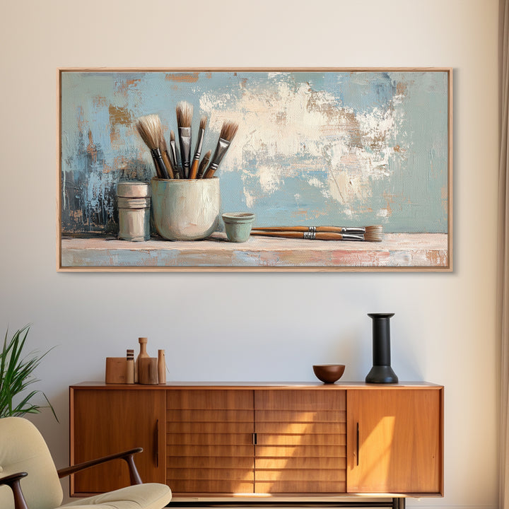 Artist Brushes In Ceramic Cup Canvas Print, Art Studio Wall Art, Creative Office Decor, Neutral Modern Home Decor Housewarming Gift