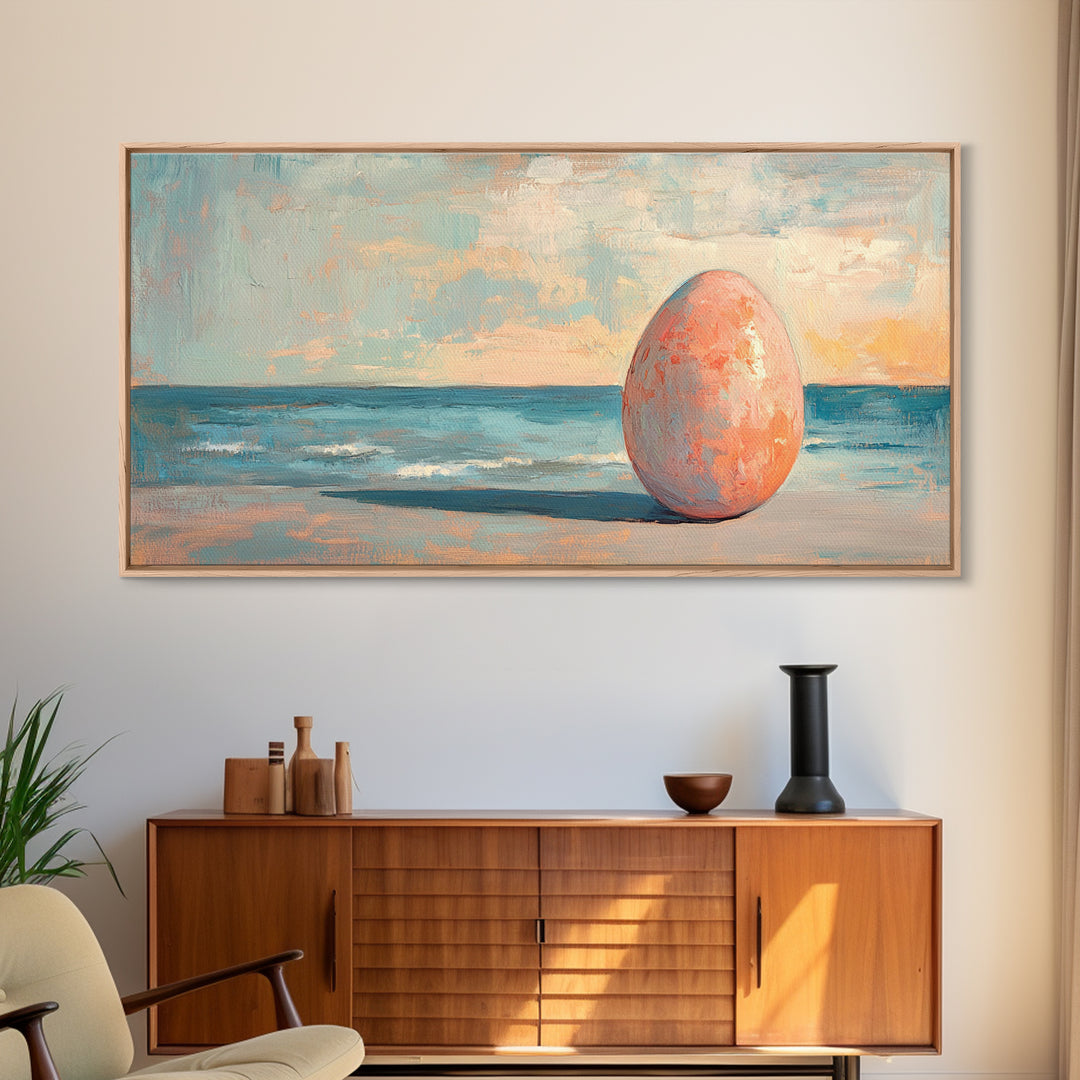 Surreal Pink Egg On Ocean Shore Canvas Print, Coastal Wall Art, Beach House Decor, Modern Seascape For Living Room, Statement Home Decor