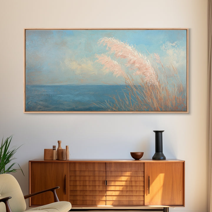 Soft Pampas Grass By Blue Sea Wall Art, Coastal Canvas Print, Minimalist Beach House Decor, Serene Nature Wall Decor, For Bedroom