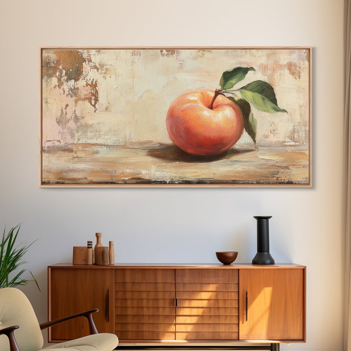 Rustic Red Apple With Green Leaves Canvas Print, Kitchen Wall Art, Farmhouse Still Life Decor, Fruit Painting Home Decor
