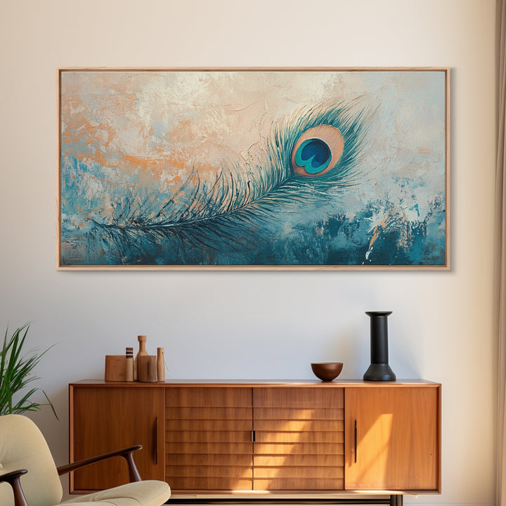 Teal Peacock Feather On Textured Beige Wall Art, Boho Canvas Print, Bird Lover Gift, Eclectic Coastal Home Decor, For Bedroom