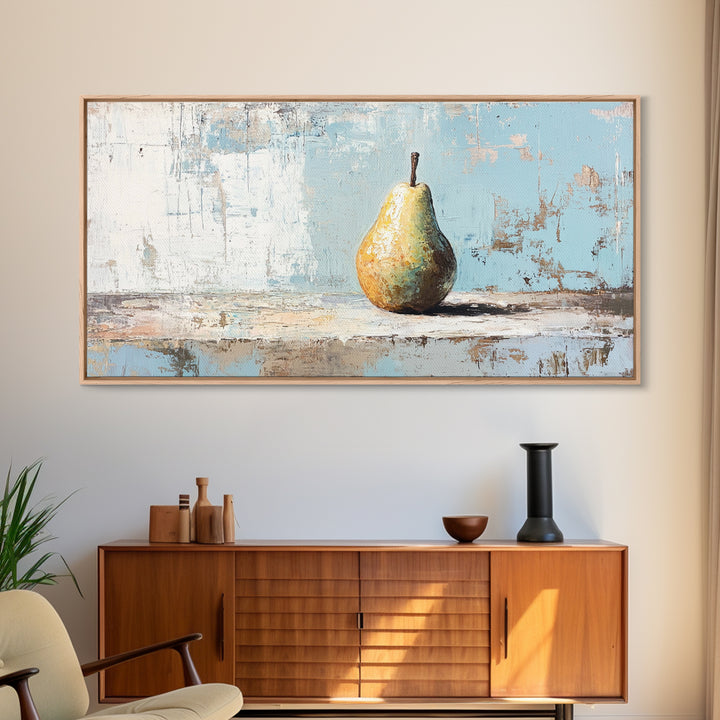 Golden Pear Still Life On Blue Rustic Canvas Print, Kitchen Wall Art, Farmhouse Fruit Decor, Neutral Home Decor, For Dining Room