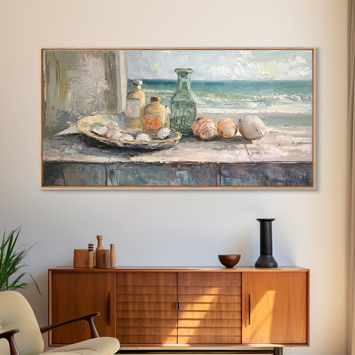Seashells And Green Glass Bottle Canvas Print, Coastal Kitchen Wall Art, Beach House Decor, Nautical Still Life Fine Art Print